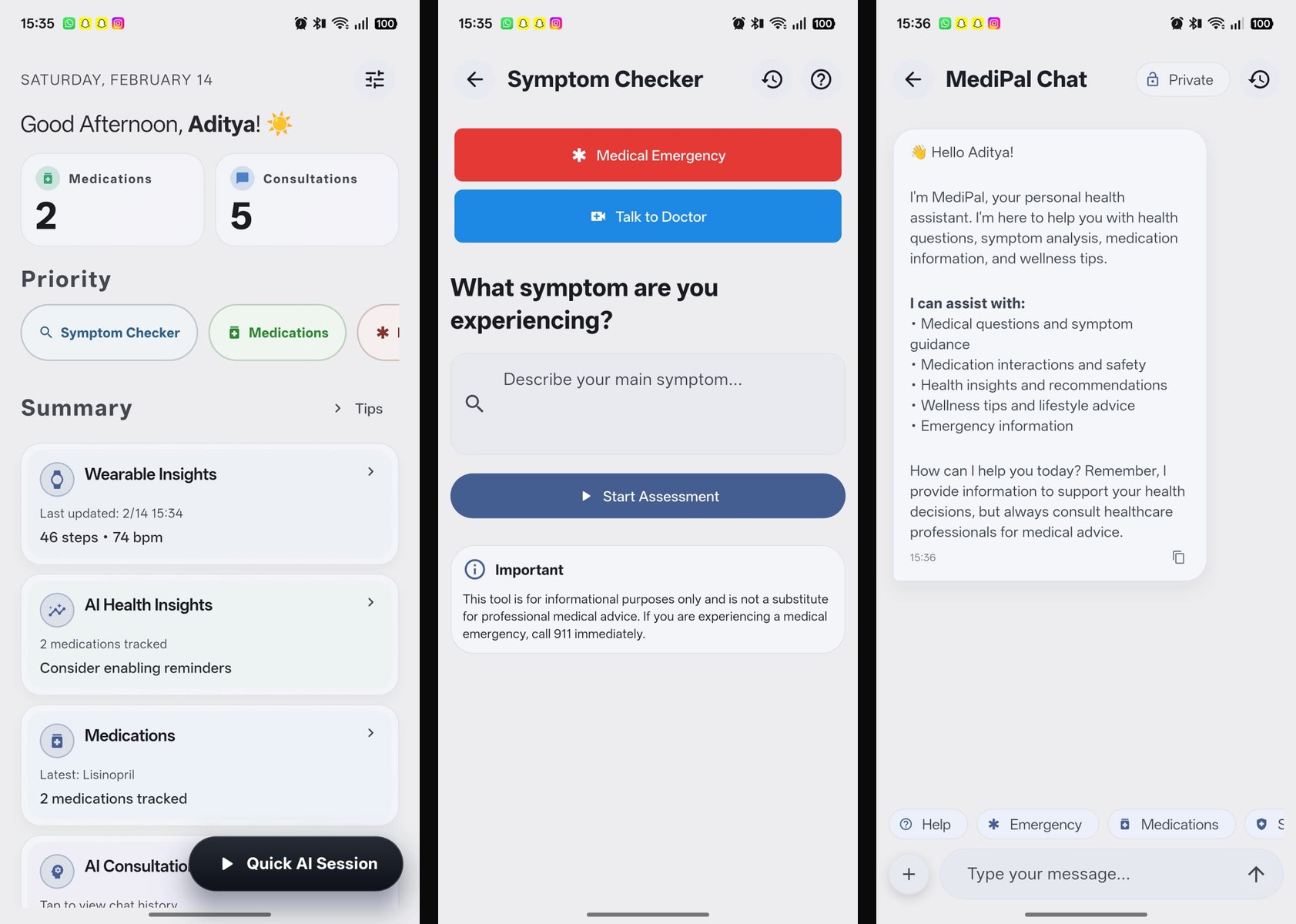 MediPal app — home, symptom checker, and AI chat screens