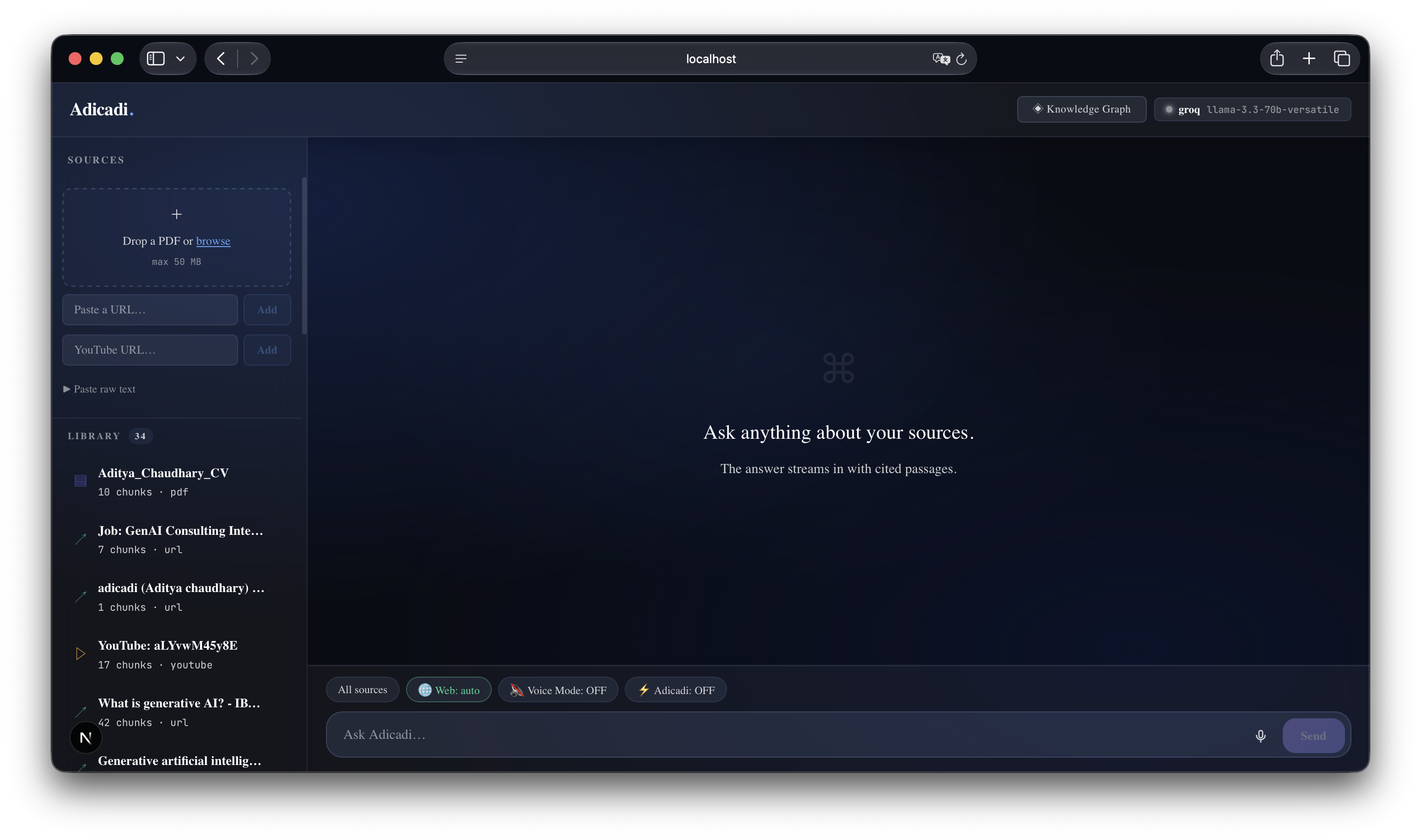 Second Brain Agent — source library and chat